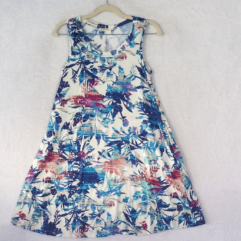 Viamor Women's Blue‎ & White Floral Aruba Vacation Sleeveless Mini Dress Size S